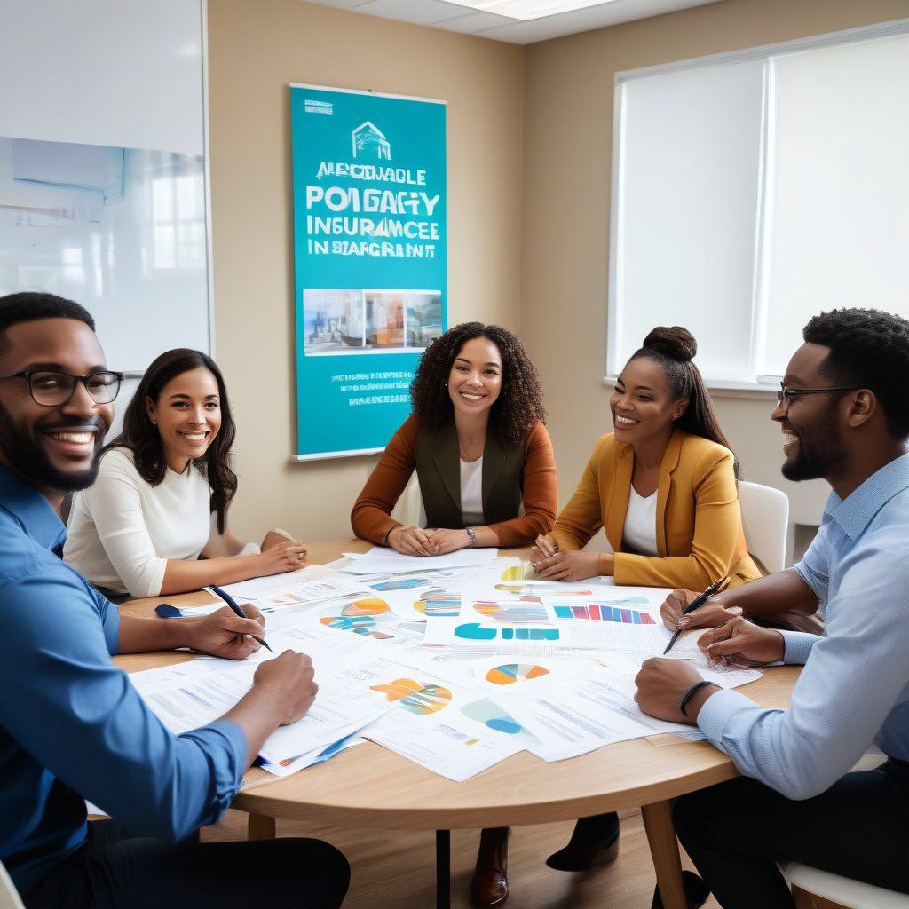 A diverse group of individuals, smiling and discussing insurance options over a table filled with brochures and policy documents, set in a cozy and welcoming office environment. Include a large banner behind them with the words 'Affordable Insurance' in bold letters, surrounded by colorful charts and graphs showcasing coverage benefits. The atmosphere should feel friendly and informative, encouraging community engagement. soft focus background. vibrant colors. 3D.