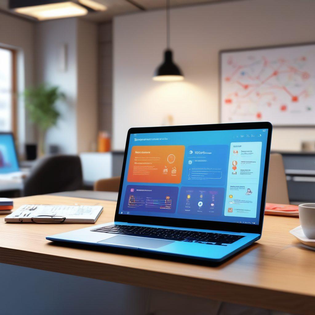 A modern workspace with a laptop displaying an engaging online insurance platform, surrounded by digital graphs and icons representing affordability and convenience. A diverse group of people collaborating over insurance discussions, with glowing connections symbolizing digital transformation. Bright, inviting colors to convey a sense of hope and progress. super-realistic. vibrant colors. soft focus.