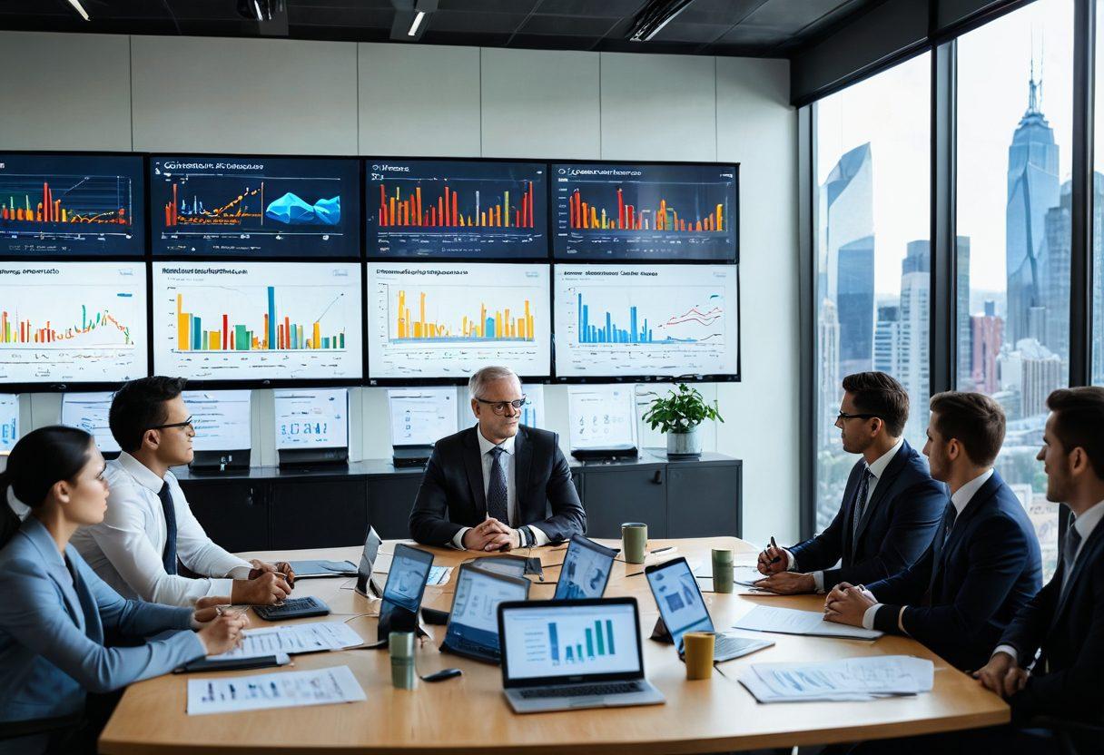 A professional setting with a diverse group of people collaboratively discussing risk management strategies, surrounded by charts and digital graphs representing data analysis, a backdrop of a modern city skyline to symbolize growth and security, with notes and documents scattered on a sleek conference table. The atmosphere is focused and dynamic, conveying a sense of teamwork and professionalism. super-realistic. vibrant colors. modern office environment.